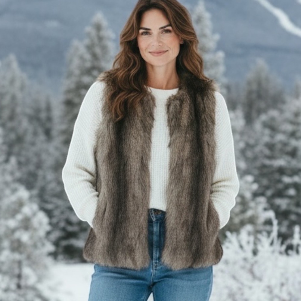 Dennis by Dennis Basso Women 1X Brown Grey Faux Fur Vest Satin Lined HC20